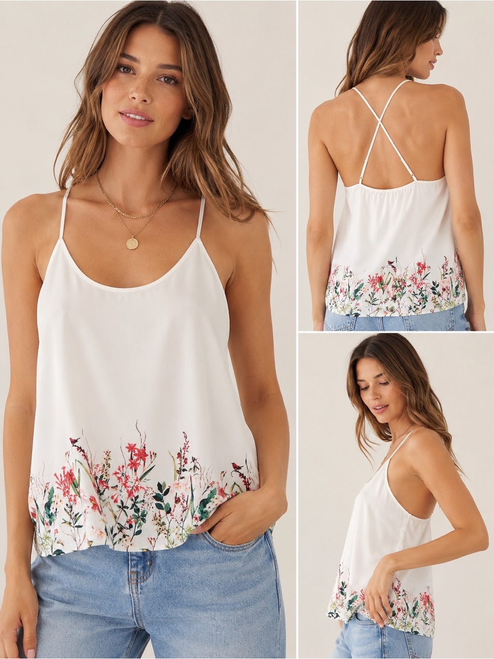 Lingerie NWT White Floral Border Print Cami Tank Adjustable Straps Rayon